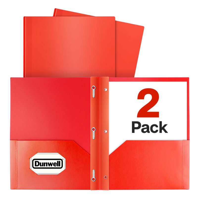 Dunwell Plastic 2-Pocket Folders with 3 Prongs, (2 Pack, Red), Durable Acid-Free Poly is Cleanable, Tear Resistant, 3-Clasp Document Holder, Labels Included - Image 1